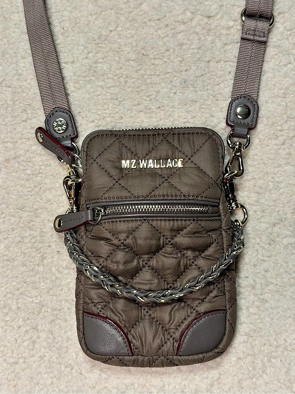 MZ Wallace Micro Crosby Quilted Crossbody Phone Bag Gray/Taupe Chain Strap Purse